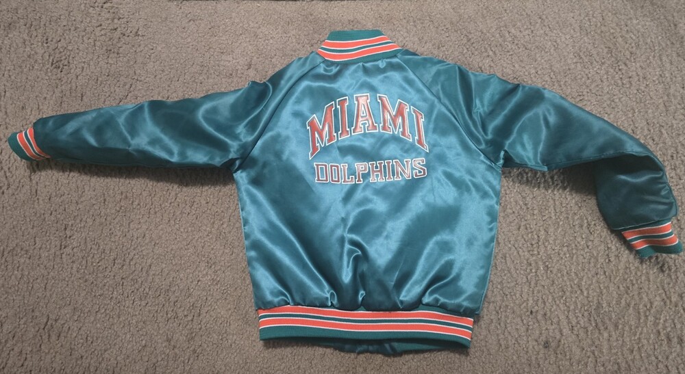 VTG 90s NFL MIAMI DOLPHINS CHALK LINE SATIN JACKET BOMBER SPELLOUT KIDS SZ 6/7